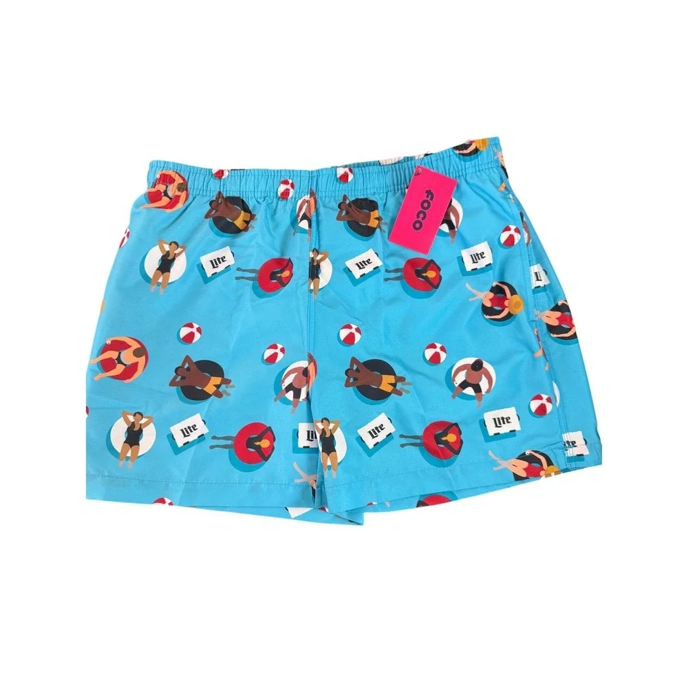 FOCO Miller‎ Lite Mens Blue Beach Graphic Swim Trunks Shorts NWT Large